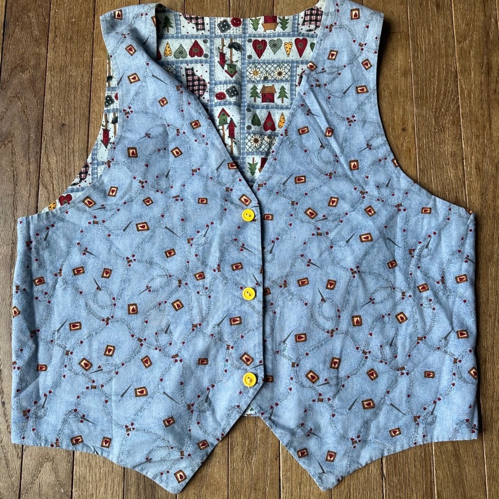 Quirky Patchwork Farmhouse Cottagecore Button Vest Women's M Blue‎ Novelty Print - Picture 4 of 9